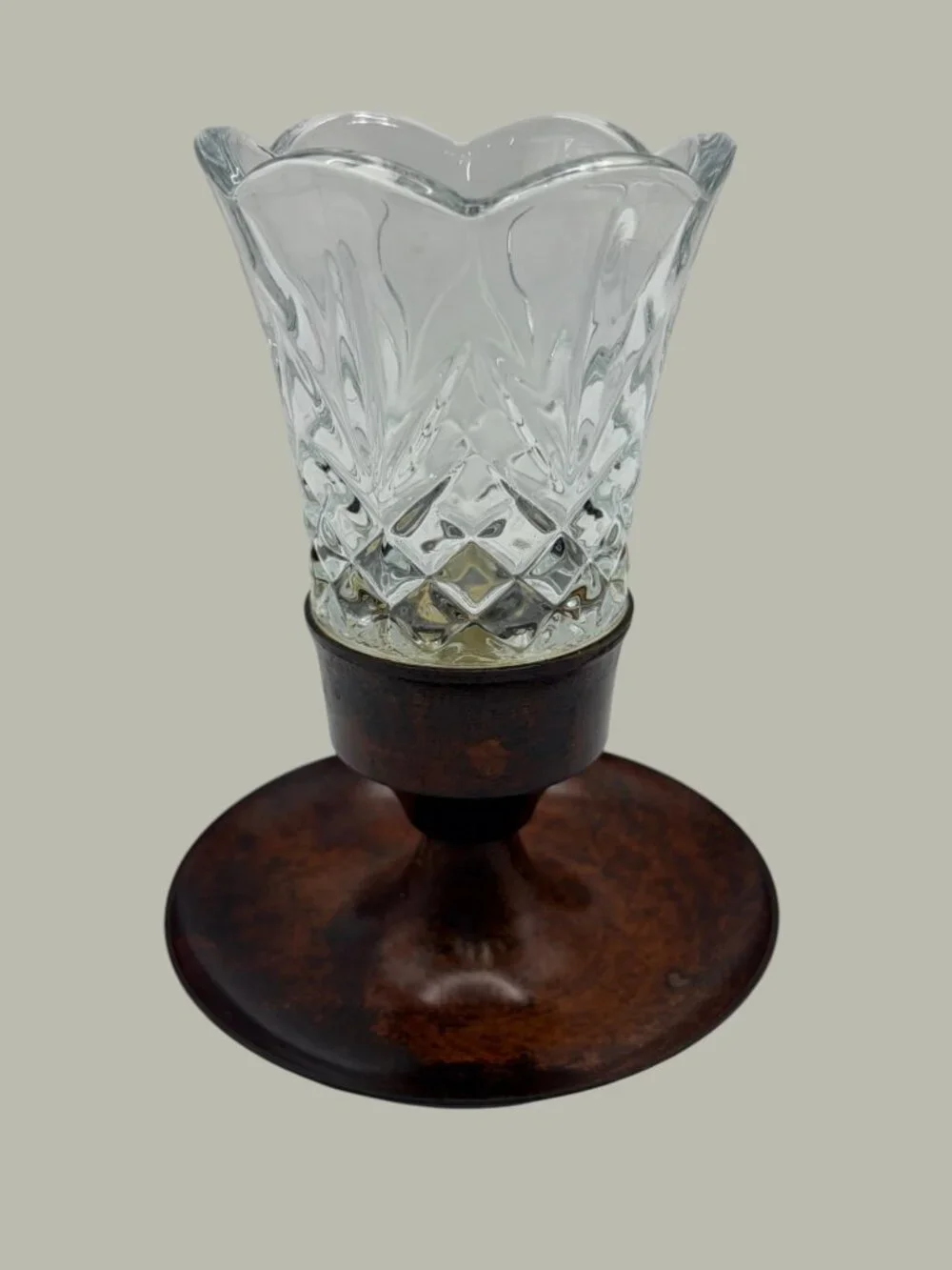 Vintage S.N.K. India Crystal Votive Candle Holder Faux Burl Wood Pedestal 6